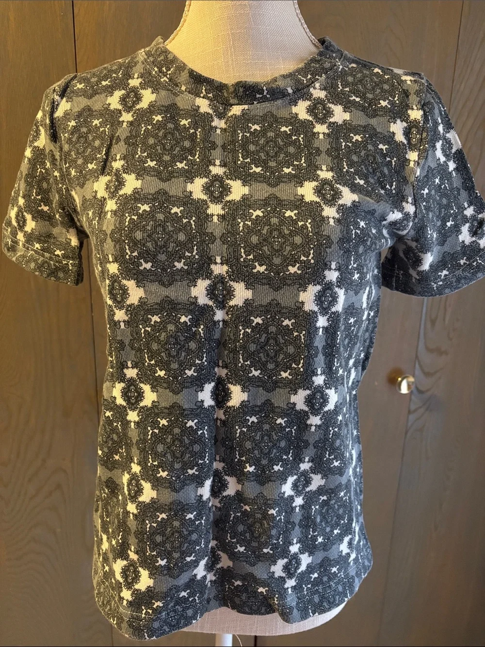 J Crew Mosaic Tile Print Sweatshirt Top Fall Cozy Retro Short Sleeve Knit
